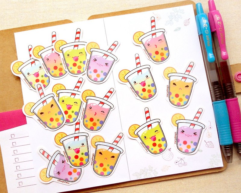 彩虹珍珠奶茶贴纸 (15入) - Rainbow Bubble Tea Stickers - 贴纸 - 纸 多色