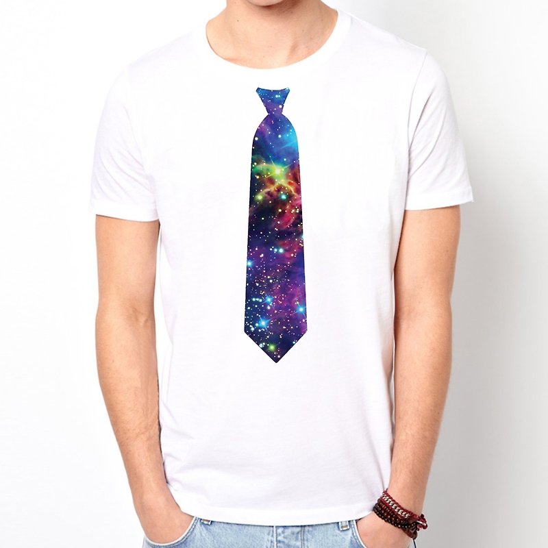 Printed Tie-Galaxy短袖T恤-白色 银河系假领带 宇宙 设计 自创 品牌 时髦 圆 三角形 - 男装上衣/T 恤 - 其他材质 白色