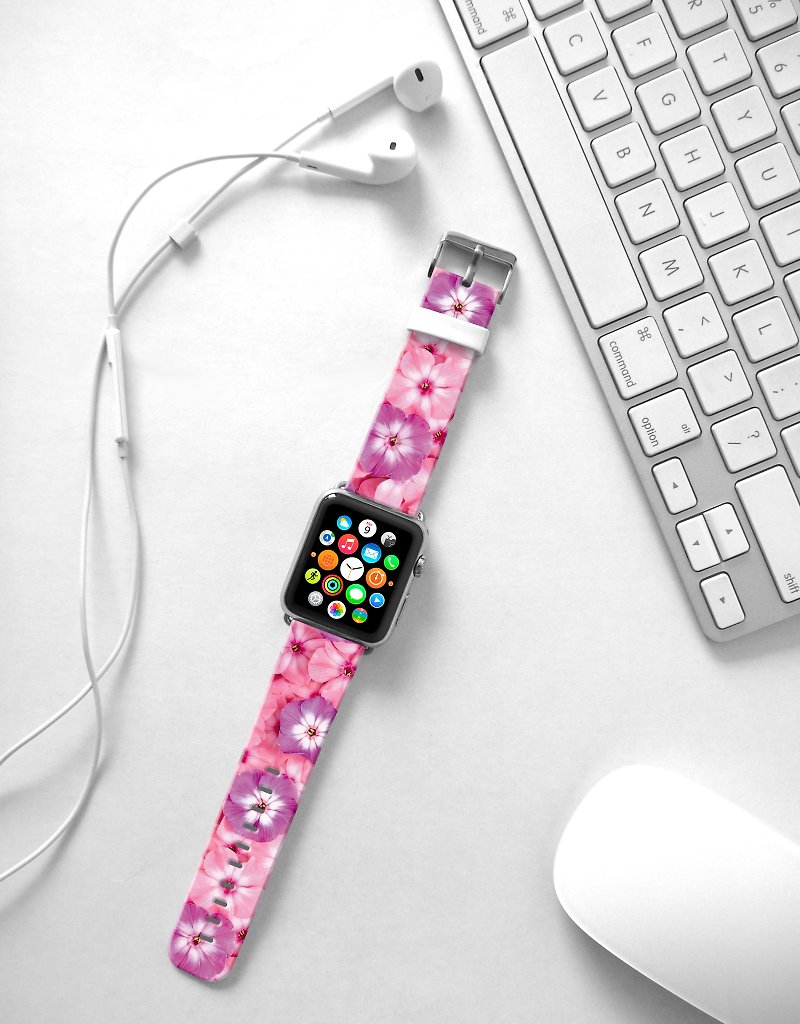 Apple Watch Series 1 , Series 2, Series 3 - Apple Watch 真皮手表带，适用于Apple Watch 及 Apple Watch Sport - Freshion 香港原创设计师品牌 - 粉红色牵牛花花纹 - 表带 - 真皮 
