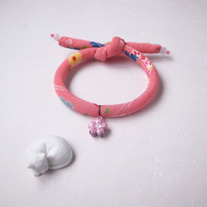 日本犬猫和布颈圈 项圈(单结式)--浓珊瑚粉+粉樱铃铛_S号 - 项圈/牵绳 - 丝．绢 粉红色