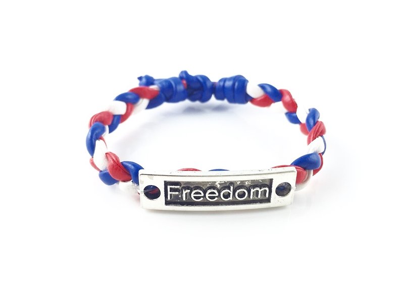 “红蓝白三色编绳 x FREEDOM银牌” - 手链/手环 - 真皮 多色