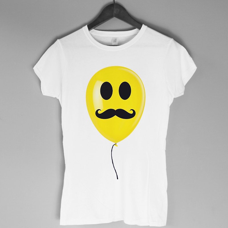 Mustache Balloon女生短袖T恤-白色 胡子 气球 眼镜 胡须 文青 艺术 设计 时髦 文创 时尚 - 女装 T 恤 - 其他材质 白色