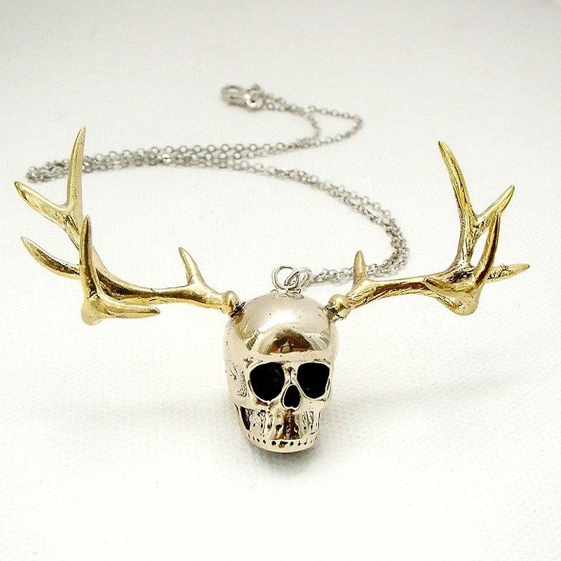 Skull with stag horn pendant ,Rocker jewelry ,Skull jewelry,Biker jewelry - 项链 - 其他金属 