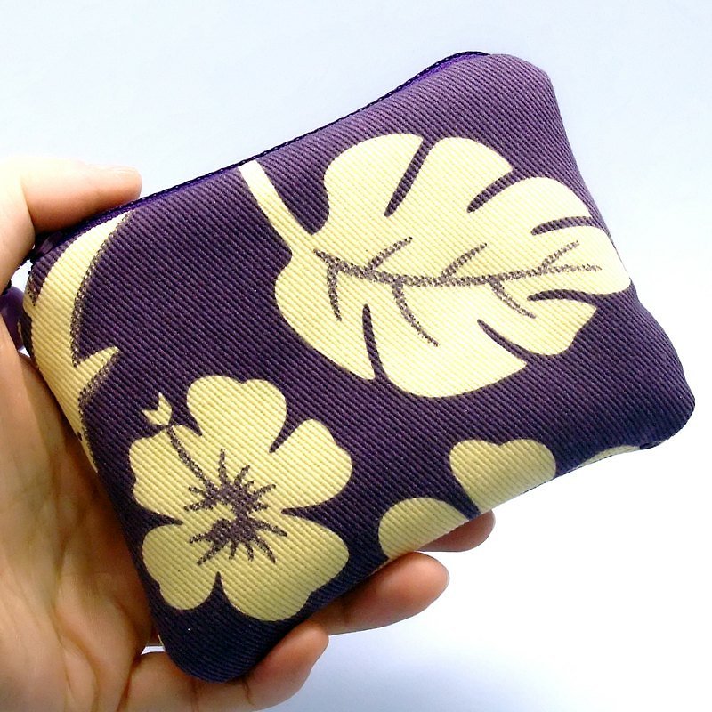 拉链零钱包/卡片包/钥匙包/耳机包/小物包 (花花和叶子) (ZS-27) - 零钱包 - 棉．麻 紫色