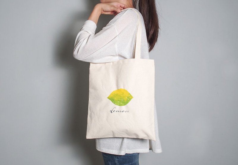 手绘手印 胚布提袋【柠檬】单面图案 手提/肩背 - 侧背包/斜挎包 - 棉．麻 绿色