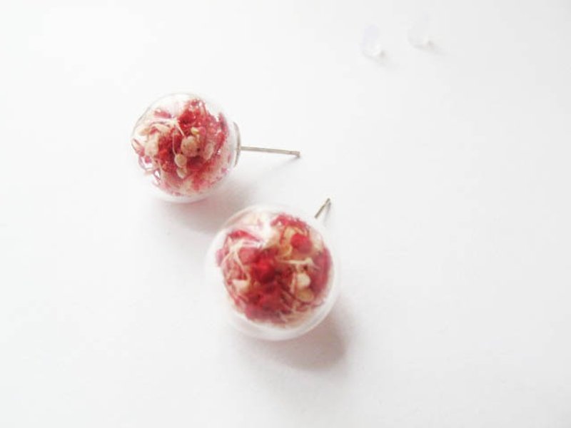＊Rosy Garden＊红莓子牛奶双色满天星干花玻璃球耳环 可换夹式 - 耳环/耳夹 - 玻璃 红色