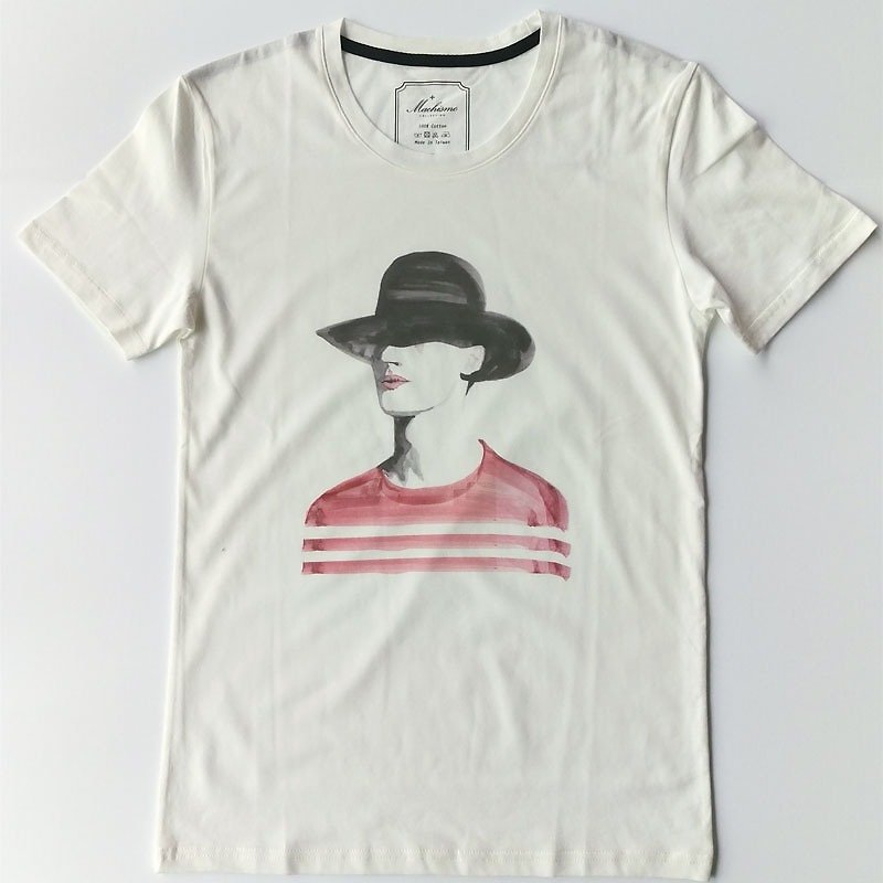 戴帽男-水彩手绘风白色短袖T恤 - 男装上衣/T 恤 - 其他材质 白色