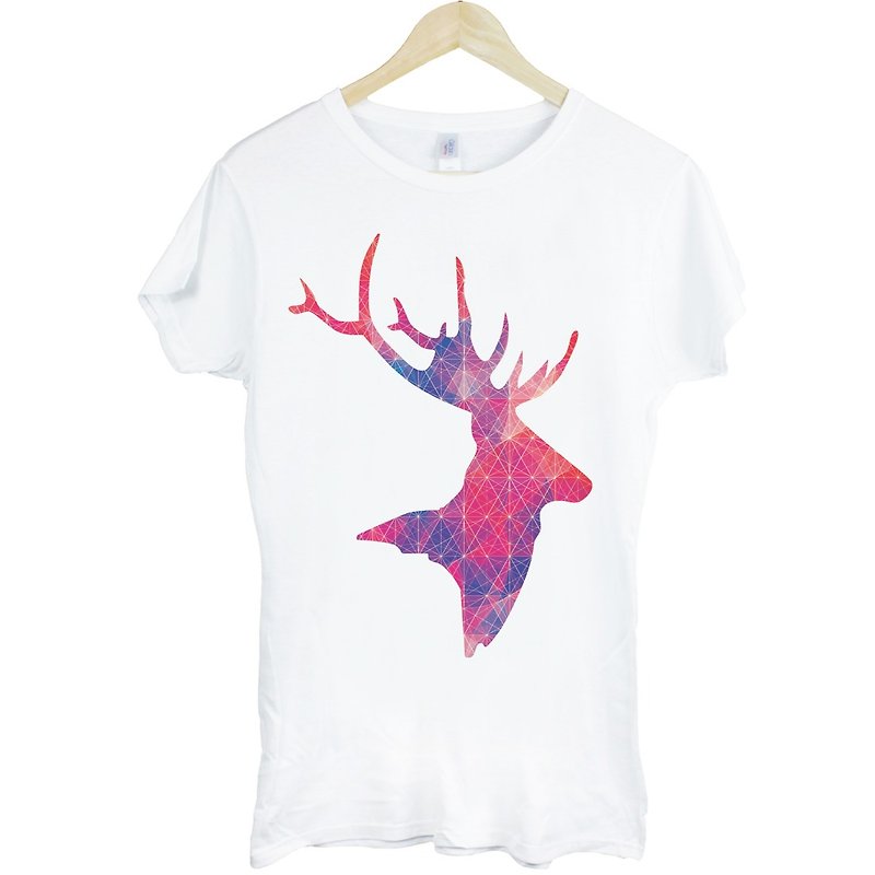 Geometric Deer Head女生短袖T恤-白色 几何 抽象 鹿 头 角 宇宙 平价 时尚 设计 自创 品牌 银河系 时髦 圆 三角形 - 女装 T 恤 - 纸 白色