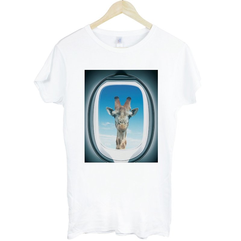 Airplane Window-Giraffe女生短袖T恤-白色 长颈鹿 飞机窗户 动物 - 女装 T 恤 - 纸 白色