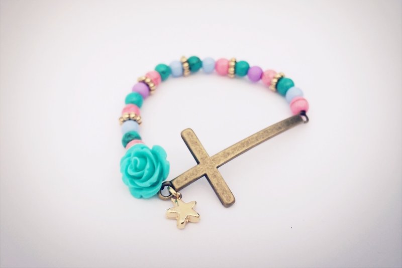 粉绿玫瑰古铜十字 - 手链/手环 - 其他材质 多色