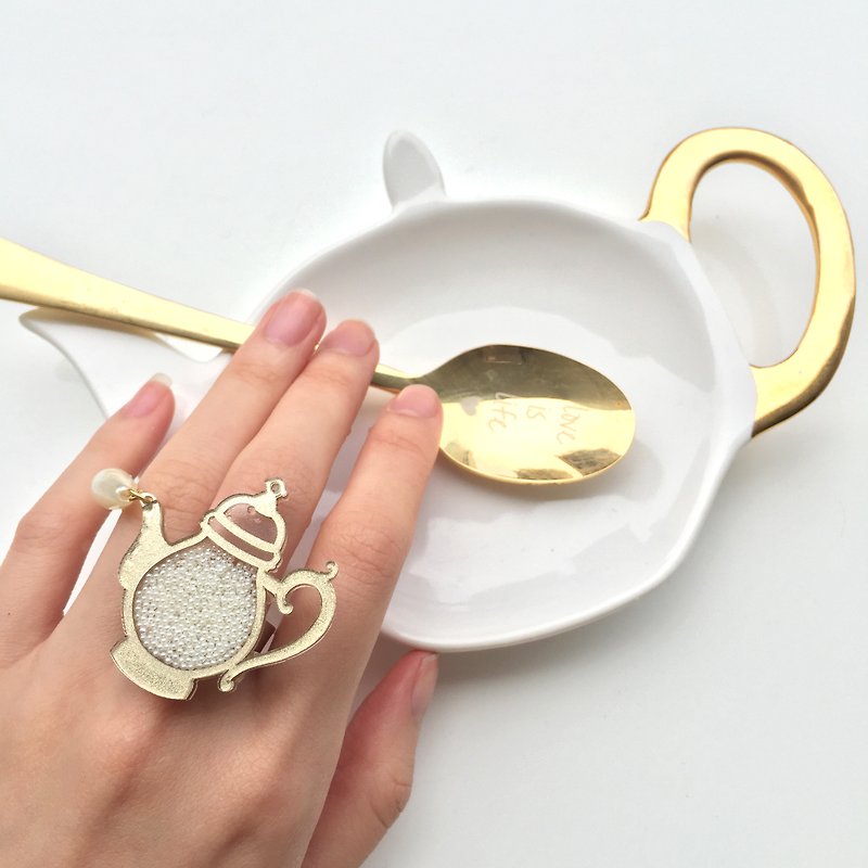 英式茶壼戒指 珍珠 - 戒指 - 压克力 金色