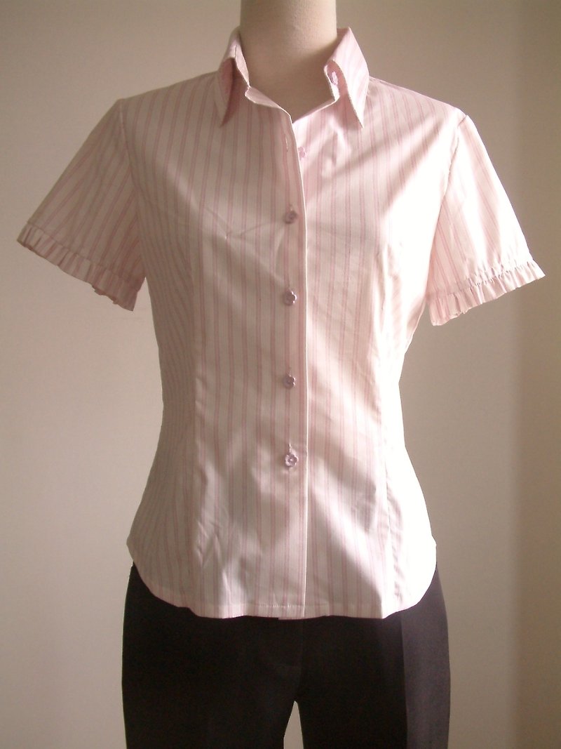 小荷叶边条纹短袖衬衫-粉白条纹 - 女装衬衫 - 其他材质 粉红色
