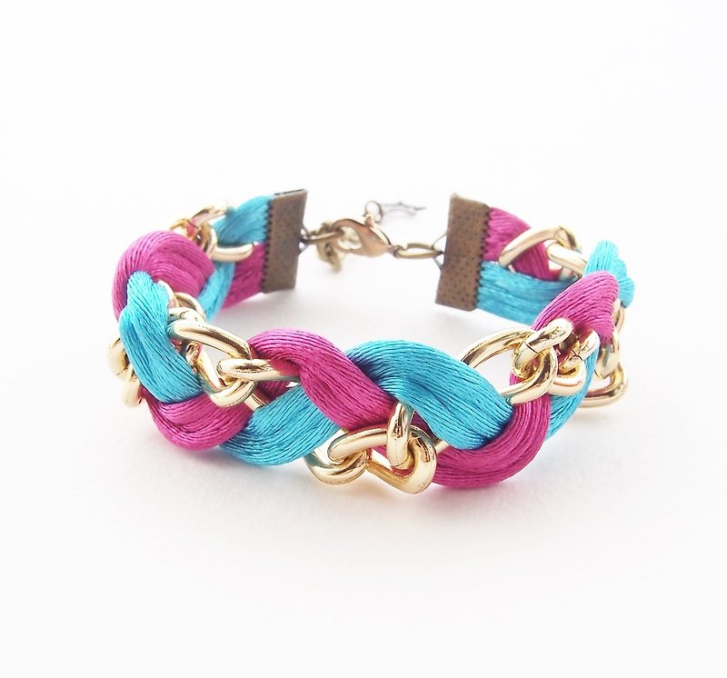 Blue and Fuchsia pink braided bracelet with gold chain. - 手链/手环 - 其他材质 蓝色