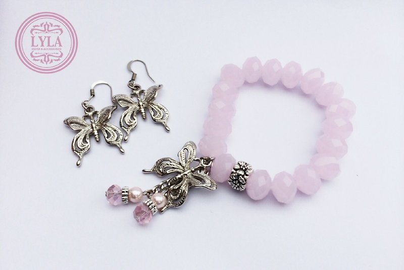 “浅粉水晶”-蝴蝶吊饰（手环＆耳环一组） - 手链/手环 - 宝石 粉红色