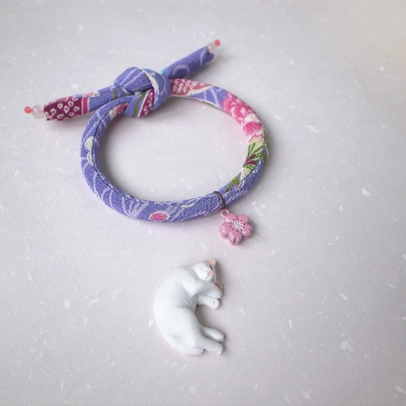 日本犬猫和布颈圈 项圈(单结式)--华紫+粉樱铃铛 - 项圈/牵绳 - 丝．绢 紫色