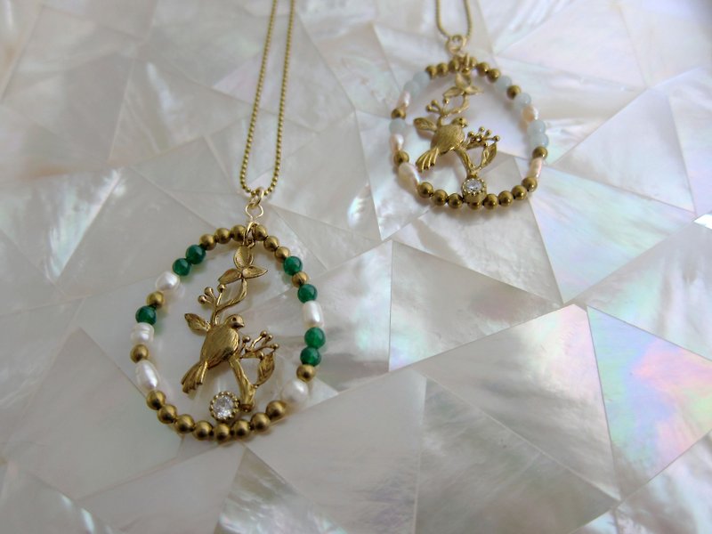 Minertés+童趣系列-No.5-鸟笼-珍珠·绿玉石黄铜项链+ - 项链 - 半宝石 多色