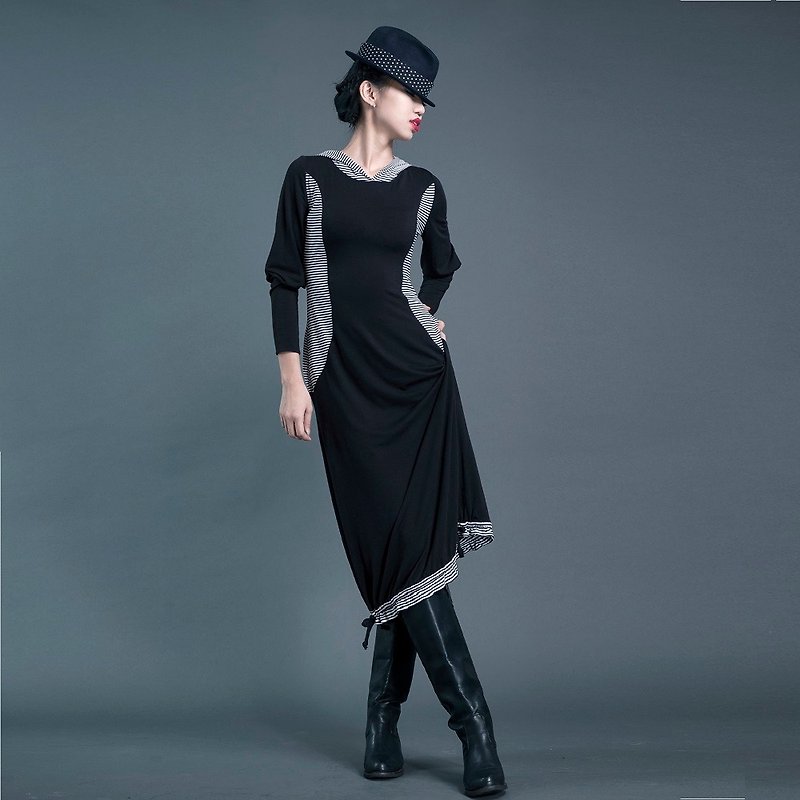 【dress】连帽腰线修饰长洋装_黑+黑白条 - 洋装/连衣裙 - 棉．麻 黑色