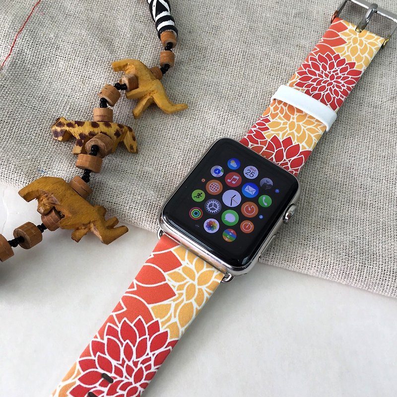 Apple Watch Series 橙红色碎花真皮手表带 38 40 42 44 mm-25 - 表带 - 真皮 红色