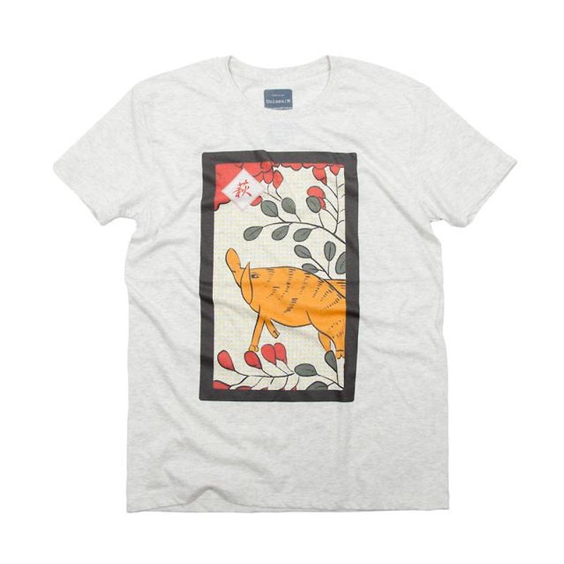 花札7月：萩　Tシャツ - 男装上衣/T 恤 - 棉．麻 白色