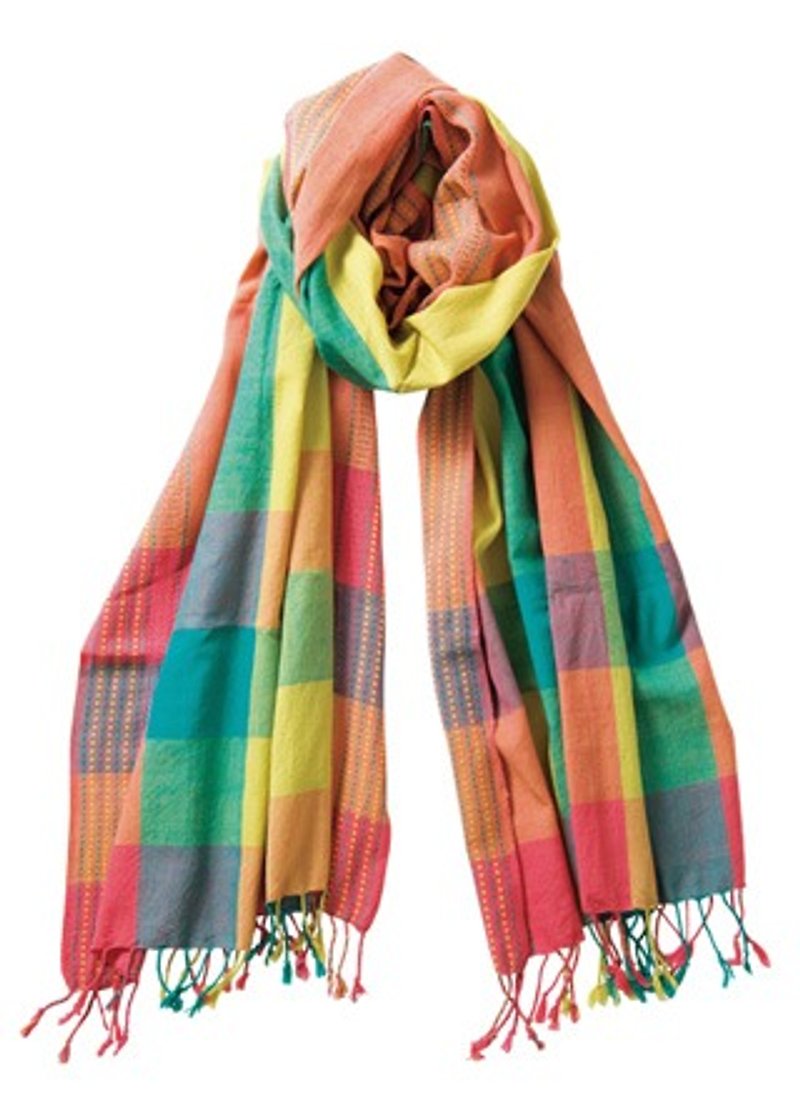 地球树fair trade&eco-“棉围巾系列”-手织棉 橘绿色格子 - 丝巾 - 其他材质 