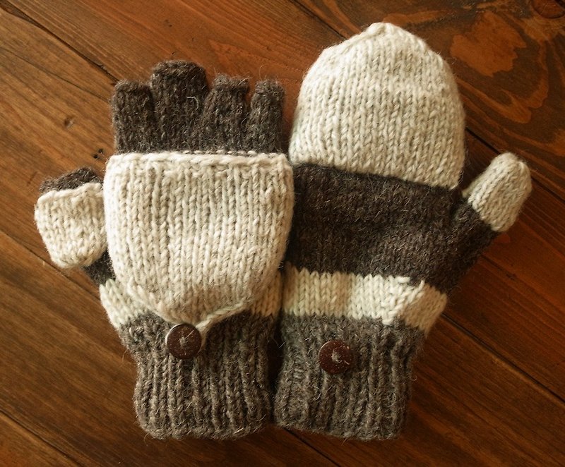 羊毛 手工编织 手套 单线编织 合手款 双色 灰白+咖啡 - 手套 - 羊毛 咖啡色