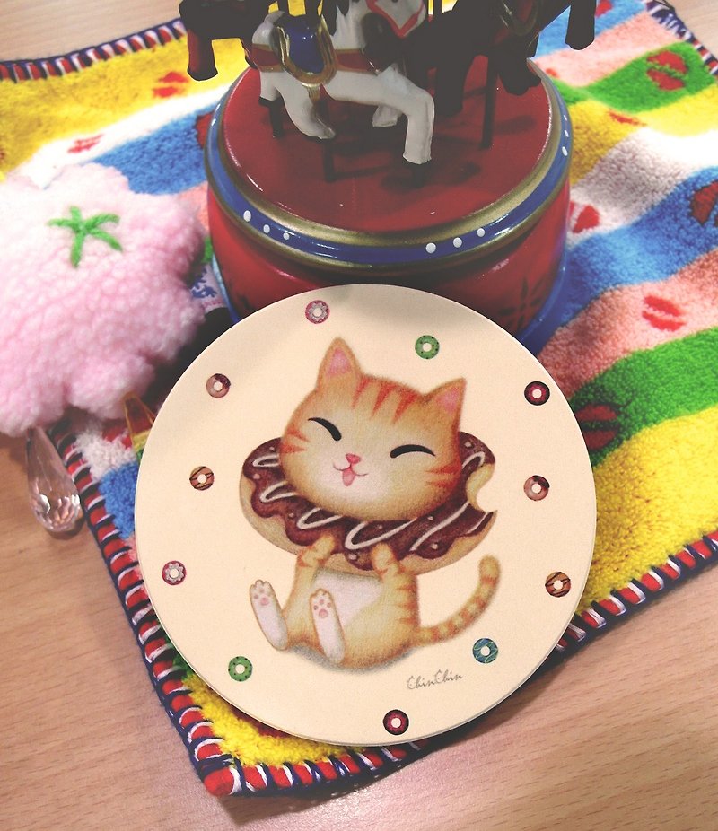 ChinChin 手绘猫咪陶瓷吸水杯垫 - 巧克力甜甜圈 - 杯垫 - 其他材质 橘色