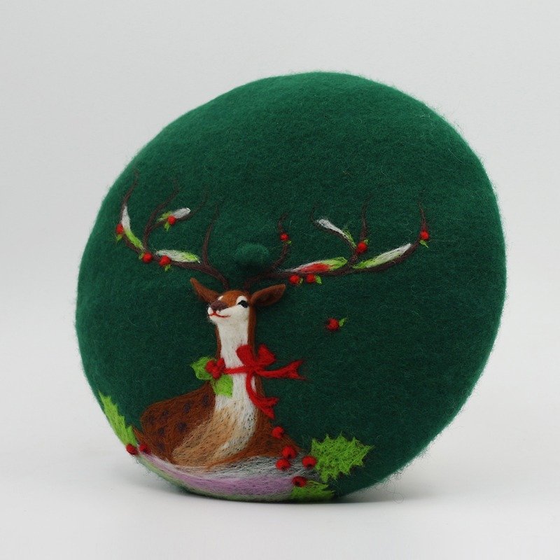圣诞礼物原创手工羊毛毡贝雷帽画家帽针毡立体鹿—绿色 - 帽子 - 羊毛 绿色