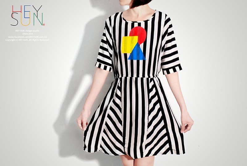 【M0164】三原色设计师条纹雪纺洋装 - 洋装/连衣裙 - 其他材质 黑色