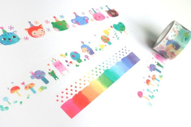 水彩画(彩虹动物森林)纸胶带 2.5cm x 10M(50cm循环图) - 吊饰 - 纸 多色