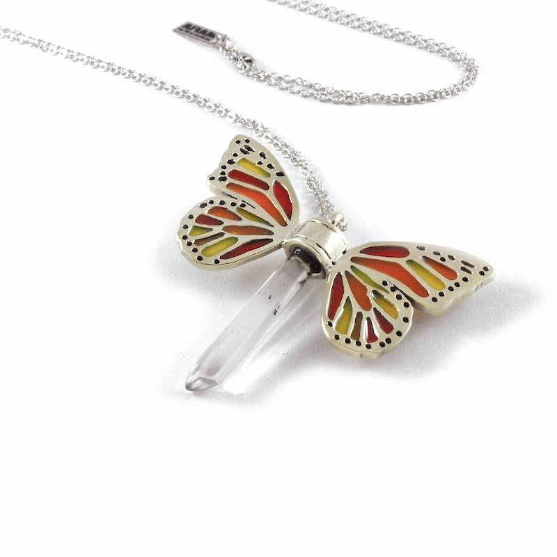 White bronze Butterfly wing pendant with clear raw quartz stone and enamel color - 项链 - 其他金属 