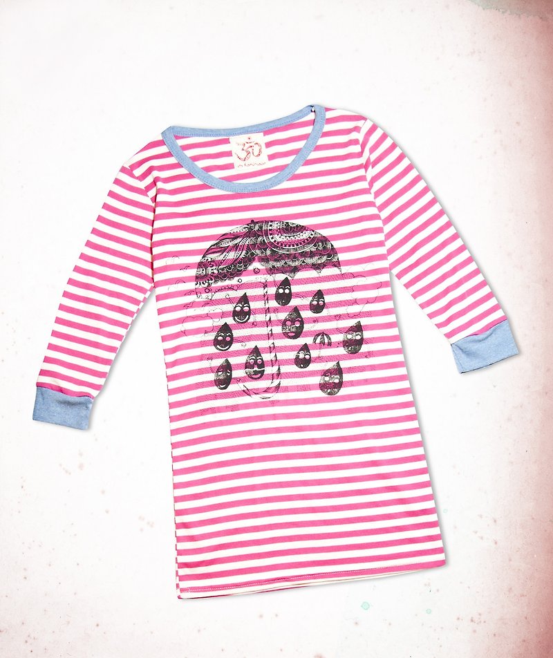 手感横条纹格七分长版旅行T-雨季的庆典(阳光桃) - 女装 T 恤 - 棉．麻 粉红色