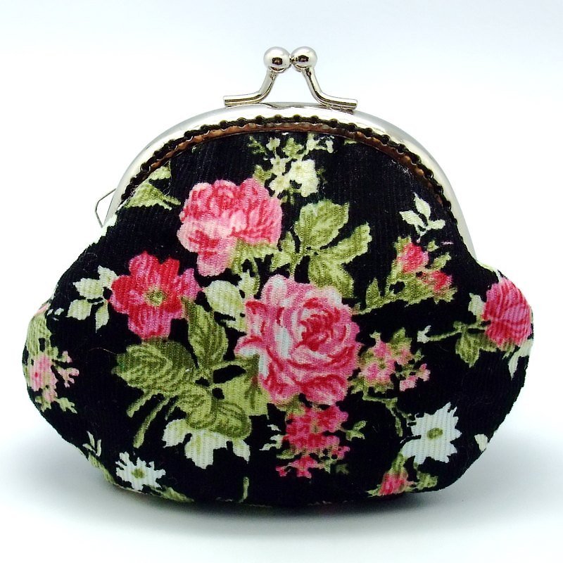 粉红玫瑰花口金包，零钱包(S-239) - 零钱包 - 棉．麻 黑色