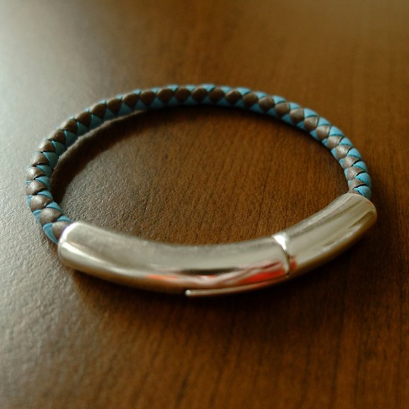 情人节礼物 一半磁扣 真皮 编织 手环 (土耳其蓝＋灰) 乐在手作欧洲饰品 - 手链/手环 - 真皮 灰色