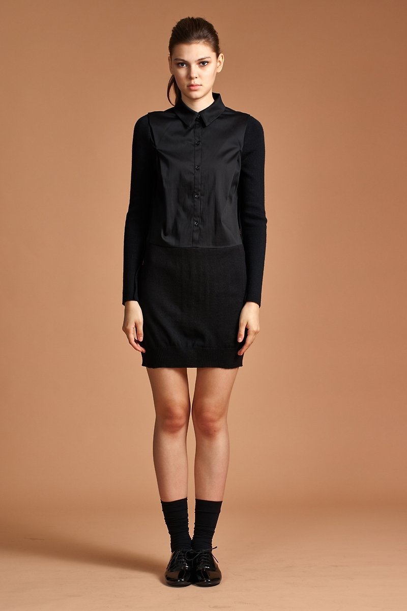 【换季特卖】异材质拼接造型衬衫洋装 - 洋装/连衣裙 - 其他材质 黑色