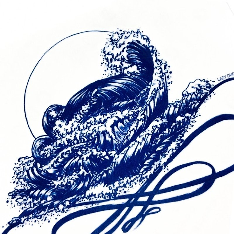 手绘日本和风太阳海浪剌青纹身贴纸 深蓝 日式型格中性男性文青 - 纹身贴 - 纸 蓝色