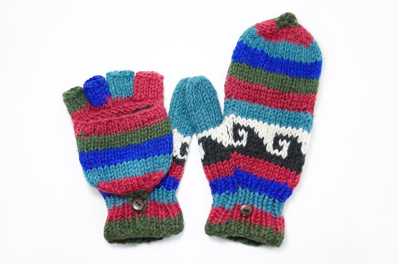 情人节礼物 限量一件手织纯羊毛针织手套 / 可拆卸手套 / 内刷毛手套 / 保暖手套 - 红蓝系民族图腾 - 手套 - 其他材质 多色