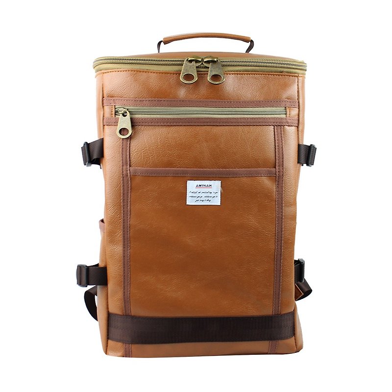 AMINAH-棕色自信后背包【am-0291】 - 后背包/双肩包 - 人造皮革 咖啡色