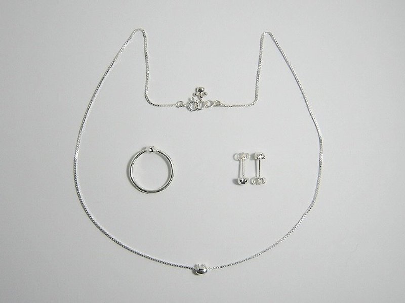 miaow icon 3-piece set ( cat silver ring earrings necklace 貓 猫 銀 戒指 項鍊 耳釘 銀 ) - 其他 - 其他金属 银色
