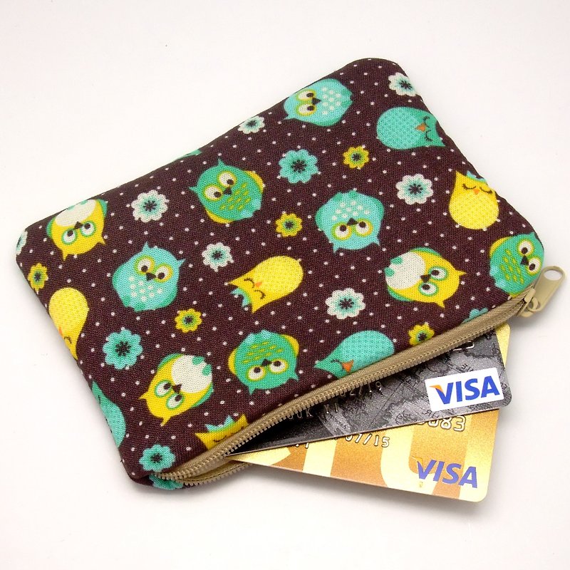 拉链零钱包，卡片包，钥匙包，耳机包，小物包 (小小猫头鹰) (ZS-129) - 零钱包 - 棉．麻 绿色