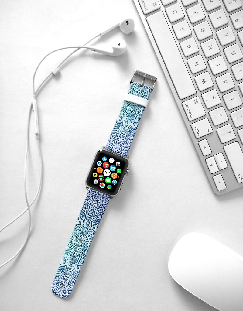 Apple Watch Series 1 , Series 2, Series 3 - Apple Watch 真皮手表带，适用于Apple Watch 及 Apple Watch Sport - Freshion 香港原创设计师品牌 - 天蓝色曼陀罗花纹 - 表带 - 真皮 