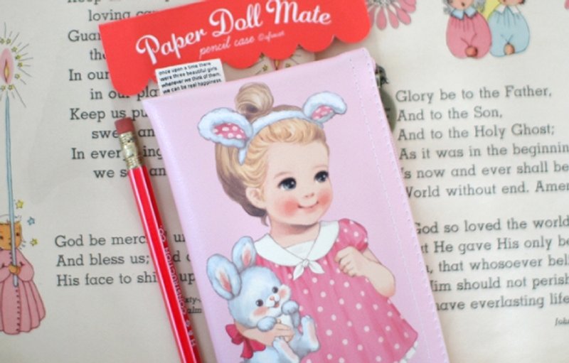 韩国【Afrocat】paper doll mate pencil case3〈Julie〉收纳袋 可爱 复古娃娃 笔袋 铅笔盒 - 铅笔/自动铅笔 - 真皮 粉红色