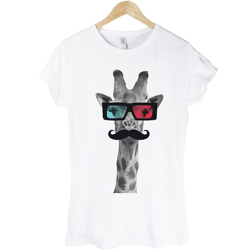 Giraffe-3D女生短袖T恤-2色 长颈鹿 3D眼镜 胡须 动物 文青 设计 - 女装 T 恤 - 棉．麻 白色