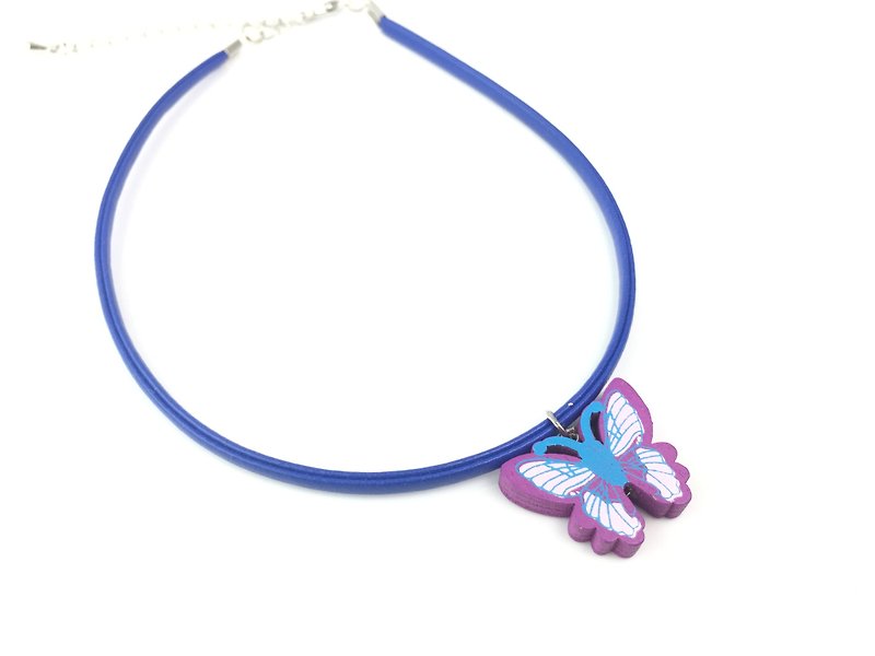 紫色木头蝴蝶-紫蓝绳颈链 - 项链 - 真皮 紫色