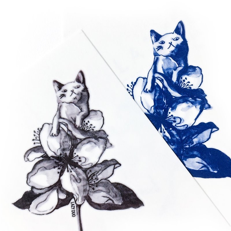 花束上的反眼花猫动物插画刺青纹身贴纸 白目猫咪宠物搅笑搞笑 - 纹身贴 - 纸 黑色