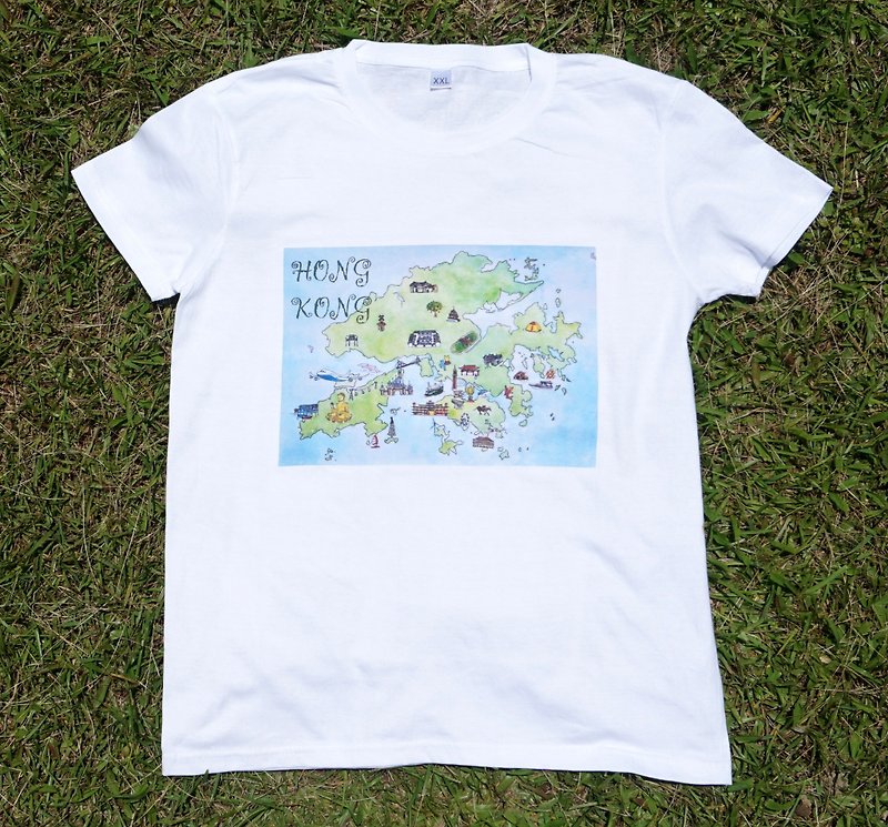 T恤 – 香港地图 - 中性连帽卫衣/T 恤 - 棉．麻 白色
