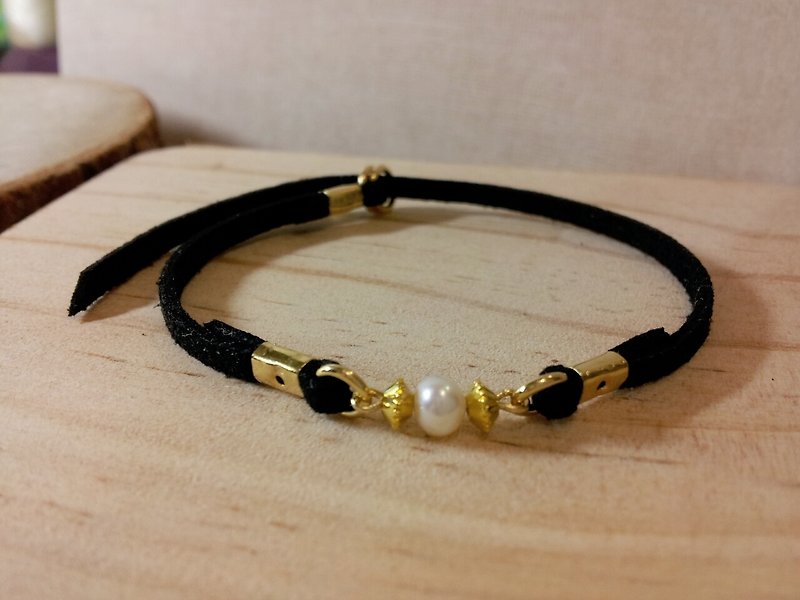 珍珠 花边 黄铜珠 麂皮绳 细环 (两色) - 手链/手环 - 珍珠 多色