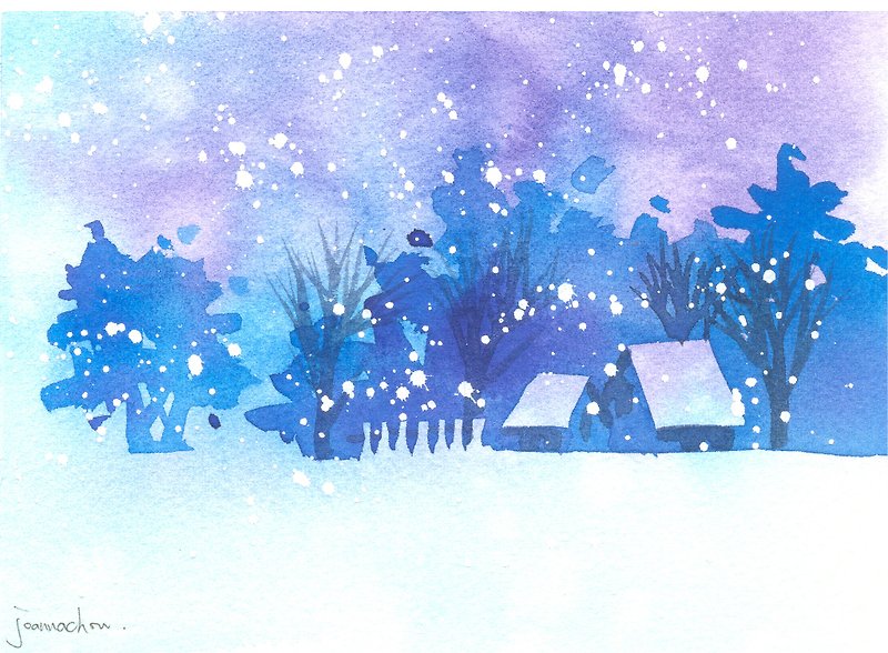 圣诞卡片“疗愈系树林系列1-104”水彩手绘限量版明信片/贺卡 - 卡片/明信片 - 纸 蓝色