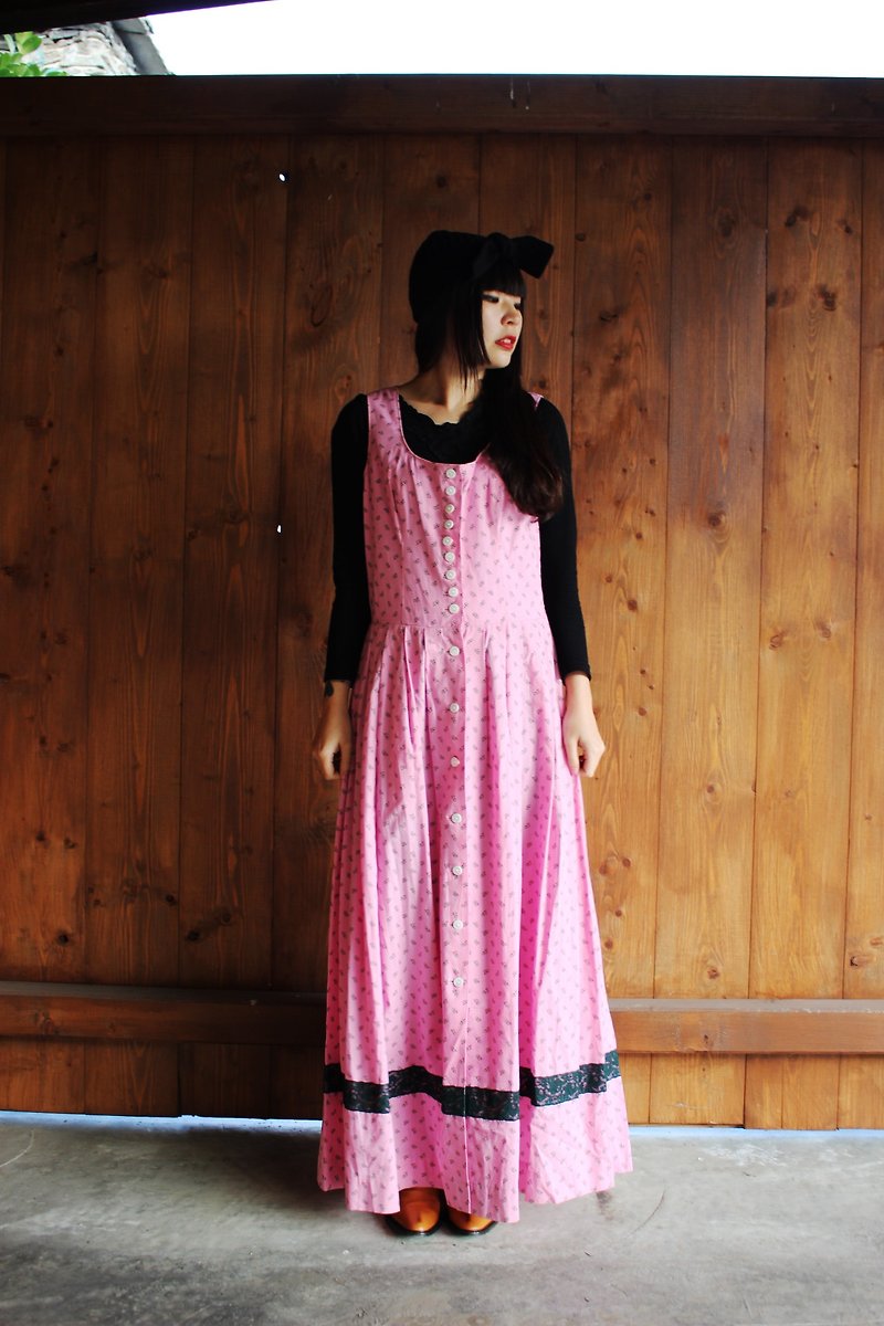 F840(Vintage)粉红底绿色小碎花蕾丝缀饰排扣棉质背心洋装(奥地利传统Dirndl) - 洋装/连衣裙 - 其他材质 粉红色