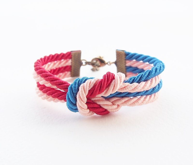 Red, blue, peach double knot bracelet [Brass clasp]. - 手链/手环 - 其他材质 多色