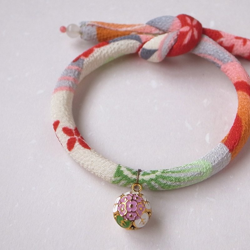 日本犬猫和布颈圈 项圈(单结式)--赤虹+粉绣球圆铃 - 项圈/牵绳 - 丝．绢 红色
